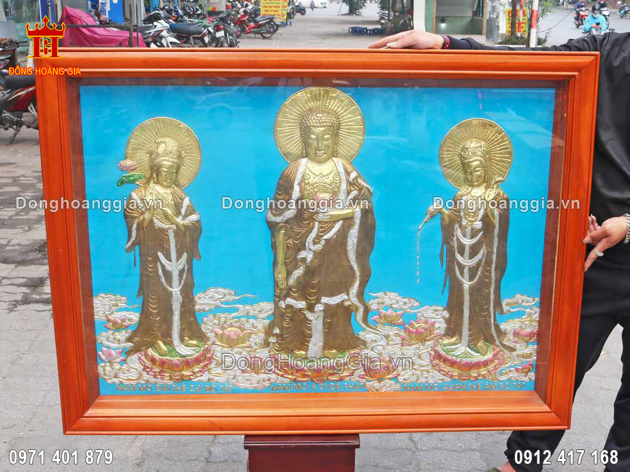 Bức tranh khắc họa chân thực hình ảnh 3 vị Phật ở cõi Tây Phương Cực Lạc